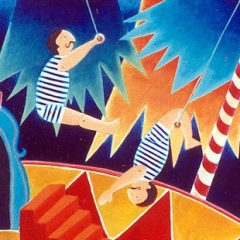 Alcuni personaggi di un circo, sotto sotto piuttosto fieri di sè, 1996 acrilico e sabbia su tela, cm 100X100, collezione privata