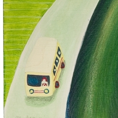 La corriera che porta a scuola i bimbi di campagna, 2008, tecnica mista su tavola, cm 30x30, collezione privata, ph: Stefano Tedioli