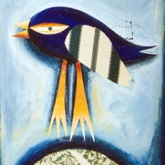 Luna + uccellino + collina di tappezzeria, 1997, tecnica mista su tela, cm 100X50, collezione privata
