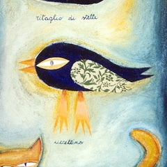 Ritaglio di stelle, uccellino, gatto, 1997, tecnica mista su tela, collezione privata, cm 100X50